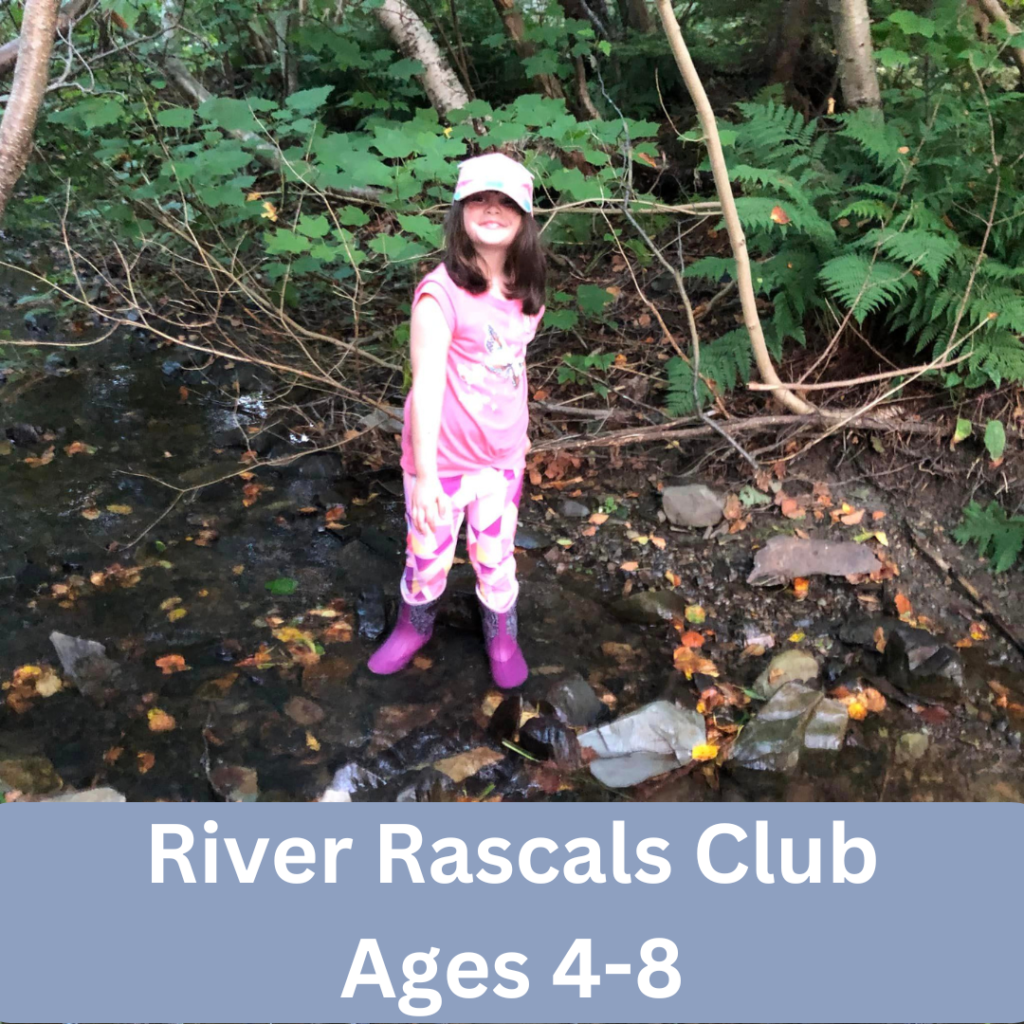 a photo of a child of 6 or 7 standing in a river wearing rubber boots, text on the image reads River Rascals Club Ages 4-8